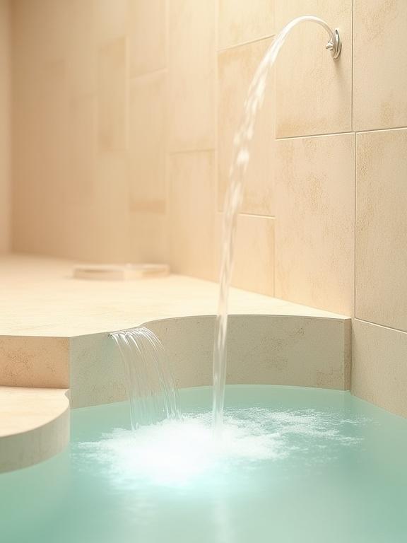 Dettaglio architettonico con parete in pietra di travertino e giochi d'acqua.