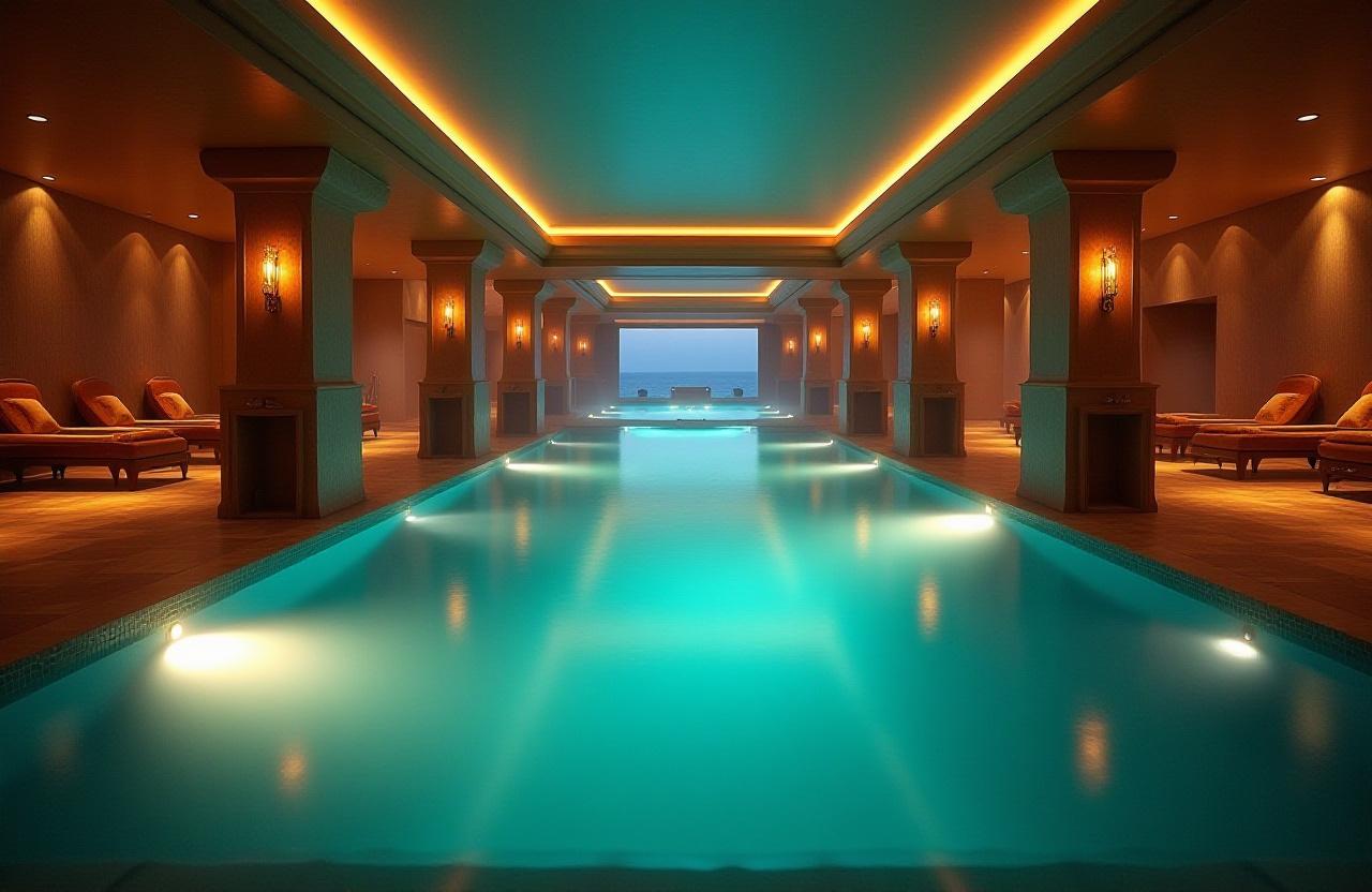 Piscina termale interna di Aqua Navis Spa illuminata da luci soffuse al crepuscolo.