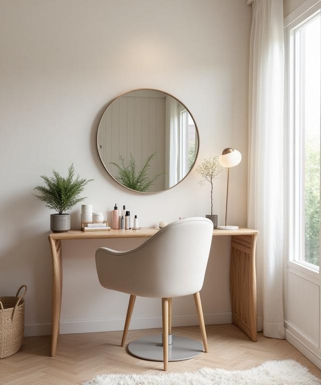 Postazione styling di Herbarium Bellezza con specchio rotondo e sedia di design.