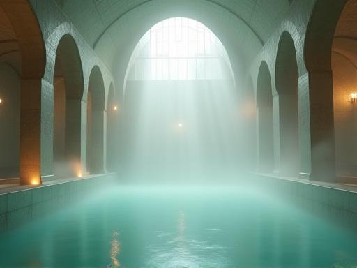 Interno del bagno turco avvolto in un delicato vapore, con luci soffuse che ne esaltano l'atmosfera purificante e rilassante.