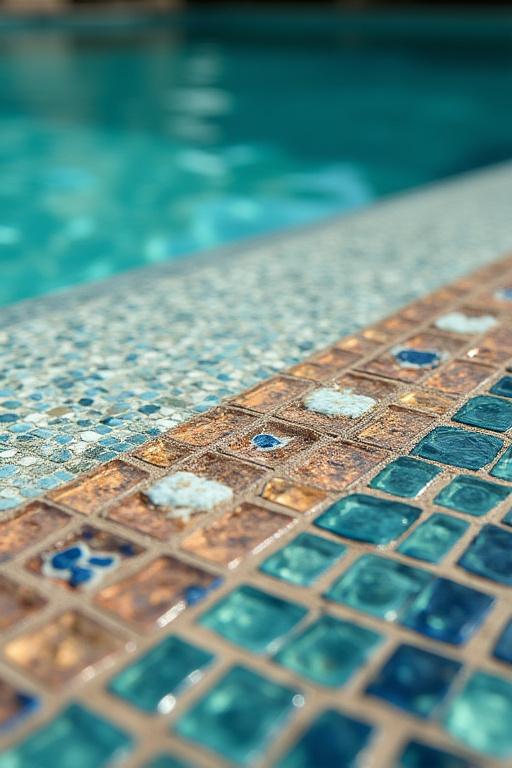 Dettaglio ravvicinato di un raffinato mosaico in stile romano che adorna il bordo piscina, un tocco di arte e storia.